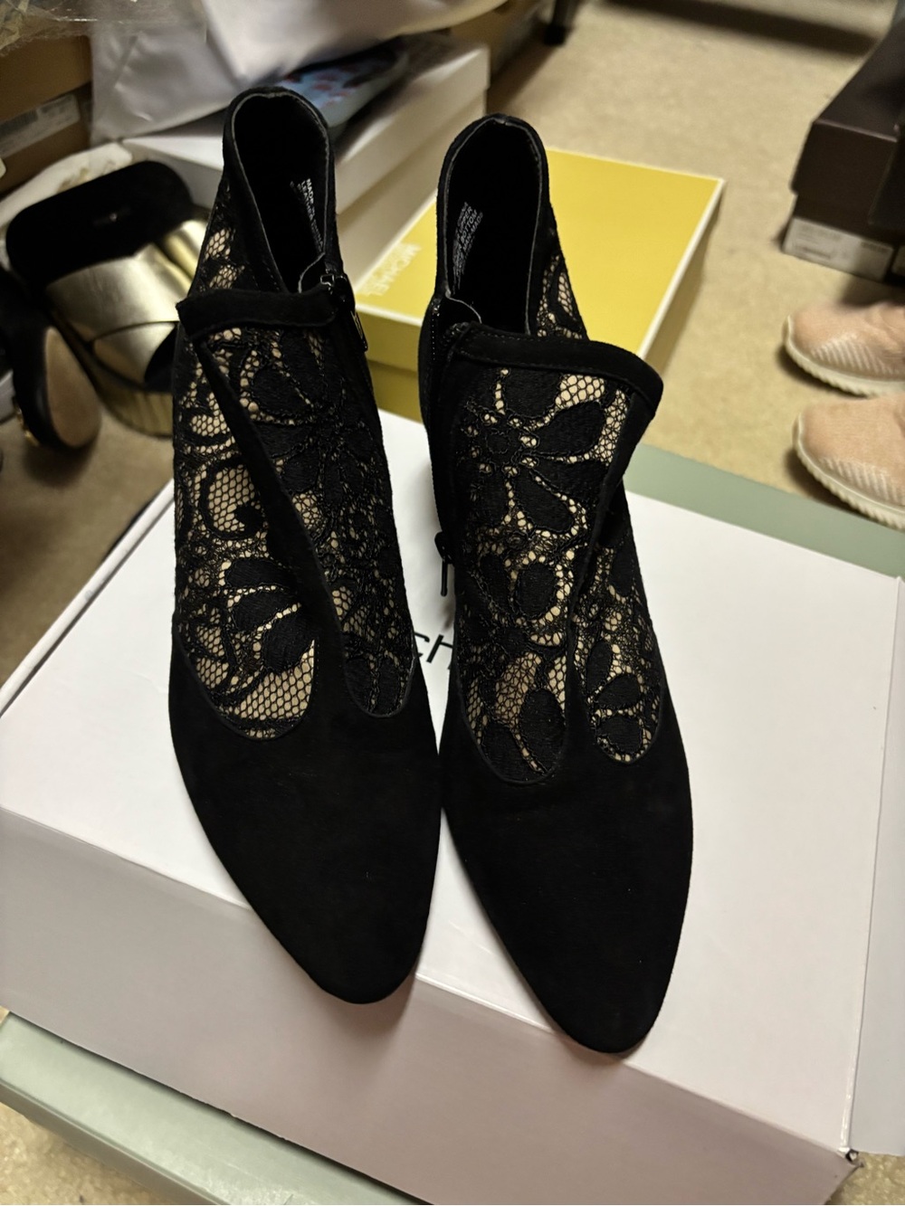 Chico's Black Lace Suede Pointed Ankle Boots